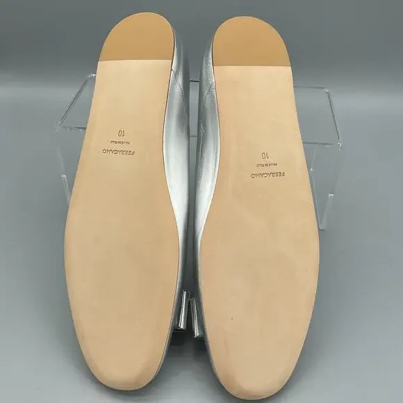 NEW Ferragamo Women’s Vanna Bow Detailed Leather Ballet Flats Silver Size 10 - Picture 8 of 10